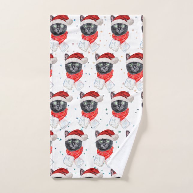 Toalha De Mão Gato Preto de Natal com Cachecol Vermelho (Toalha de mão)