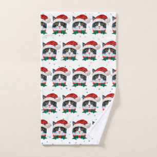Toalha De Mão Gato Preto e Branco Fofo Com Chapéu de Papai Noel 