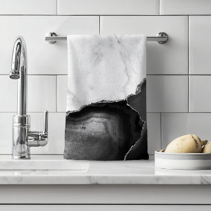 Toalha De Mão Glitor de Prata Preto de Marble Branco