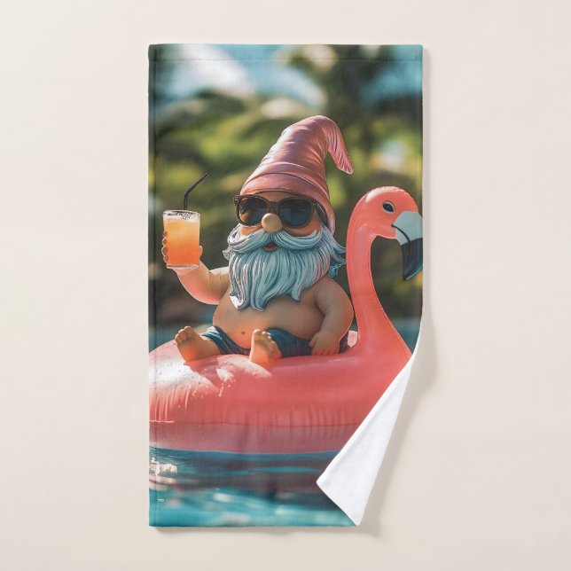 Toalha De Mão Gnomo de Verão em óculos de sol no Flamingo Float (Toalha de mão)