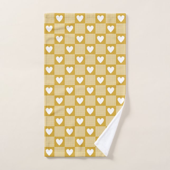 Toalha De Mão Harvest Gold Gingham Heart Patch Plaid Towel (Toalha de mão)
