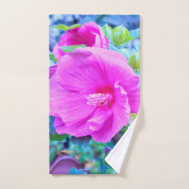 Toalha De Mão Hibisco Rosa Elegante com Folhagem Azul ondulada