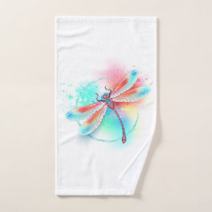 Toalha De Mão libélula vermelha sobre fundo de aquarela