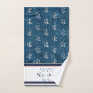 Toalha De Mão Lindo coral em aquarela em azul batik personalizad