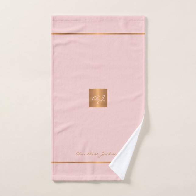 Toalha De Mão Listras monogramas modernas de ouro-chic rosa eleg (Toalha de mão)