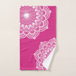 Toalha De Mão Mandala Branco em Fundo Rosa