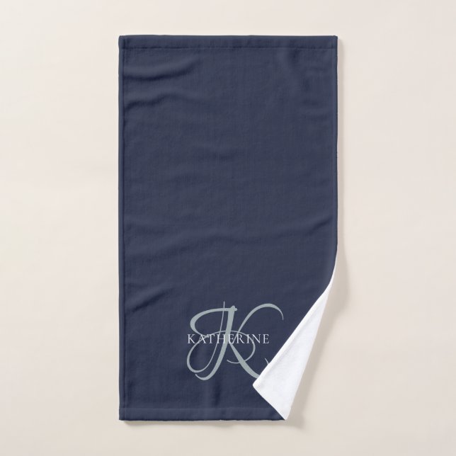 Toalha De Mão Marinho de Script Monograma Elegante Moderno Azul (Toalha de mão)