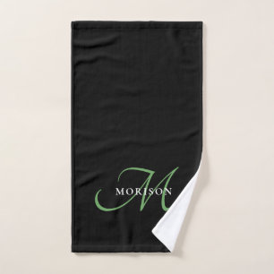 Toalha De Mão Monograma de Script Verde Preto Moderno Elegante