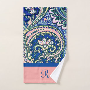 Toalha De Mão Monograma Paisley Blue Sage Verde Rosa