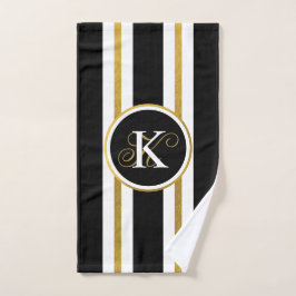 Toalha De Mão Monograma Personalizado de Stripes Negras e Dourad