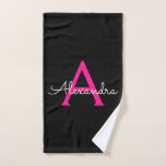 Toalha De Mão Nome do Monograma de Script Negra Negra-Quente<br><div class="desc">Nome do Monograma Simples,  Preto e Rosa Quente,  Bath Toel. Isto faz o doce e perfeito aniversário de 16 anos,  casamento,  chá de panela,  aniversário,  chá de fraldas ou festa de solteira presente para alguém que ama luxo de luxo e estilos quíticos.</div>