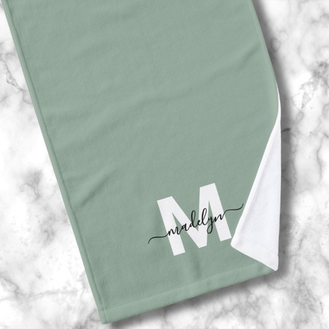 Toalha De Mão Nome Monograma em Letra de Cor Verde Sage (Sage Green Script Name Monogram Hand Towel )