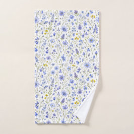 Toalha De Mão Padrão de Flor Silvestre Aquarela Azul Amarelo Ver