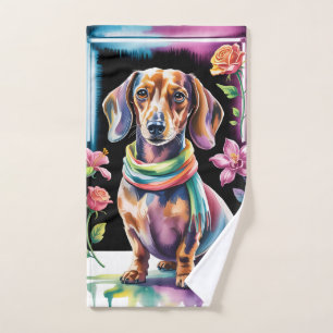 Toalha De Mão Retrato de Dachshund em Luz Neon e Moldura Floral