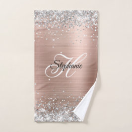 Toalha De Mão Rosa Glitter Prata Folha Dourada Monograma Chique