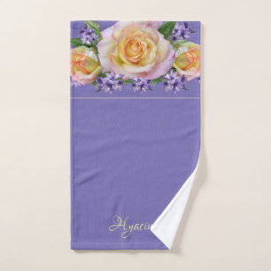 Toalha De Mão Rosas de Folhagem de Borda Floral Fundo Periwinkle