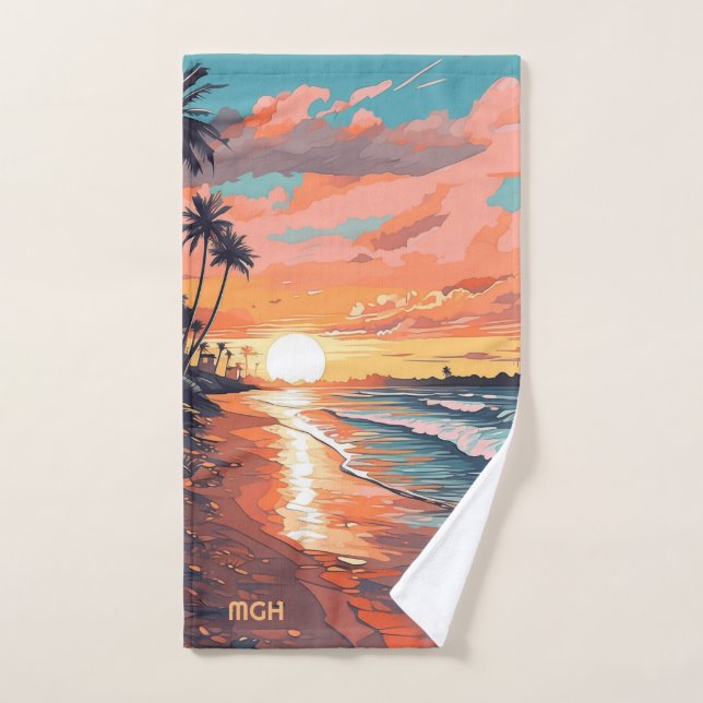 Toalha De Mão Sunset Tropical Beach do Monograma personalizado (Toalha de mão)