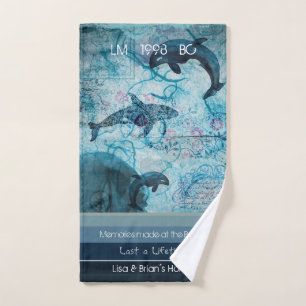 Toalha De Mão Texto costeiro de cor azul-artsy cinza