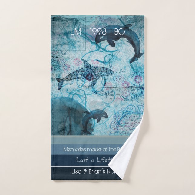 Toalha De Mão Texto costeiro de cor azul-artsy cinza (Toalha de mão)