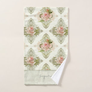 Toalha De Mão Vintage Modern Watercolor Floral Damask Rosa Nome