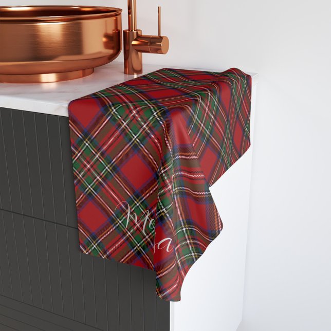 Toalha De Mão Xadrez Escocês Clássico Rústico Vermelho Verde (Rustic Plaid Script Typography Stewart Tartan Hand Towel)