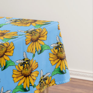 Toalha De Mesa Abeja no Design de Padrão de Flor de Girassol Azul