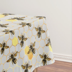 Toalha De Mesa Abejas en Patrón de Panal Amarillo Dorado Gris