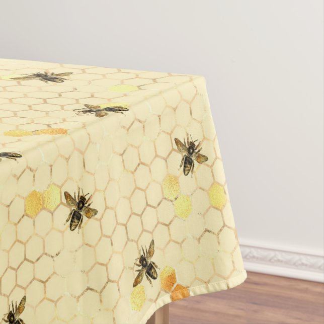 Toalha De Mesa Abelhas no Padrão de Honeycomb Amarelo Dourado (Posição Original)