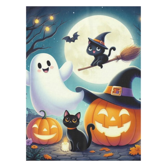 Toalha De Mesa Abóbora, gata e fantasma do Halloween (Frente)
