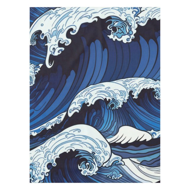 Toalha De Mesa Abstrato Blue Ocean Ondas Japonês Estilo Trabalho  (Frente)