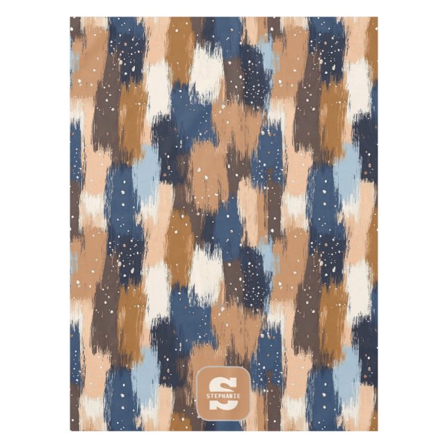 Toalha De Mesa Abstrato Brushstrokes em Azul, Branco e Marrom (2) (Frente)