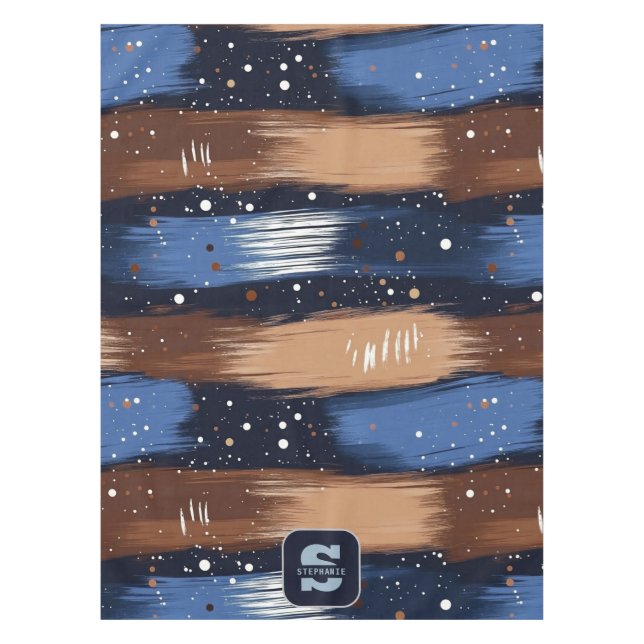Toalha De Mesa Abstrato Brushstrokes em Azul, Branco e Marrom (3) (Frente)