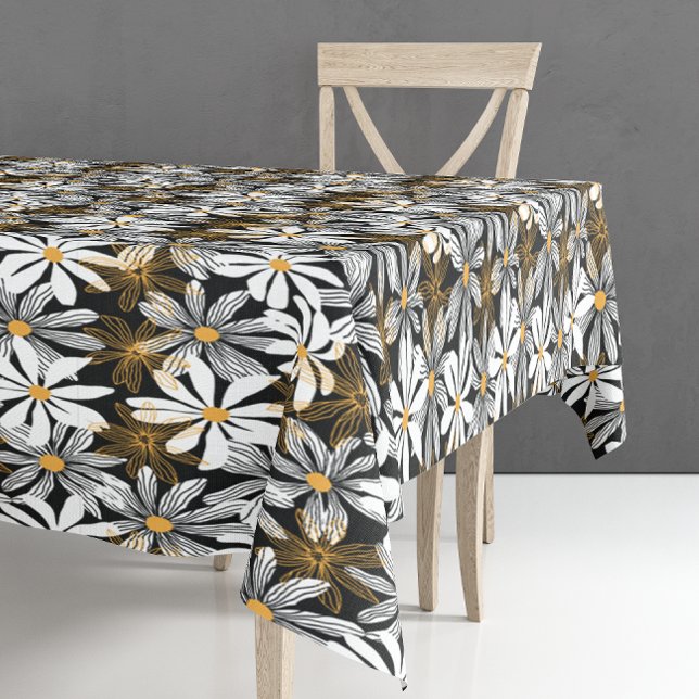 Toalha De Mesa Abstrato Floral de margarida amarela, branca, amar (Black, White, Yellow Elegant Daisy Floral Abstract Tablecloth)