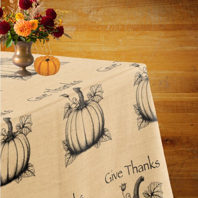 Toalha De Mesa Agradeça Abóboras Country em Falso Burlap  (A simple sentiment and a simple pumpkin.)