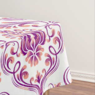 Toalha De Mesa Algodão Elegante Floral Pêssego e Damasco Roxo