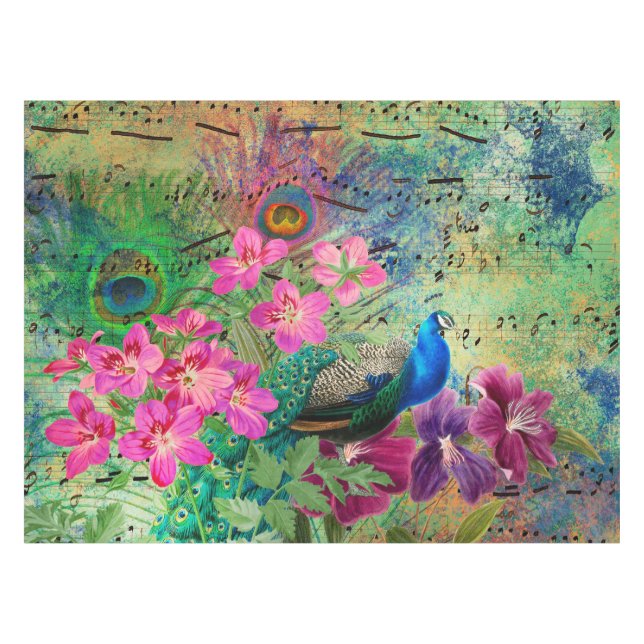 Toalha De Mesa Antigo Pavão Ilustrado e Flores Grunge (Frente (Horizontal))