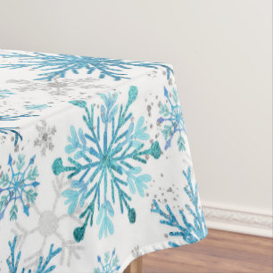 Toalha De Mesa Aquarela Azul e Glitter Prata Flocos de Neve de In