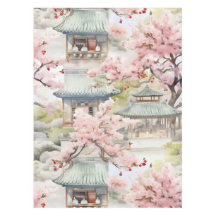 Toalha De Mesa Aquarela de Pagoda Asiática em meio às flores de c