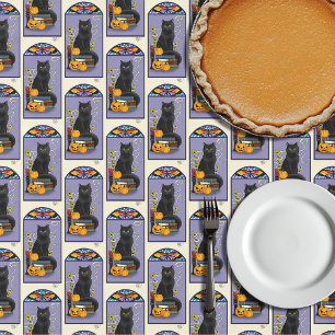 Toalha De Mesa Art Nouveau Gato Preto Abóbora Roxo Outono Amarelo