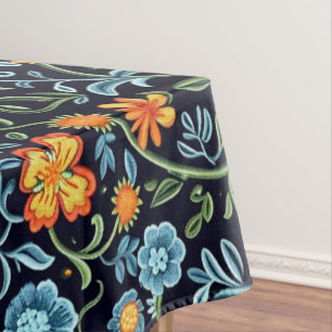 Toalha De Mesa Arte floral intrincada: flores azuis e laranjas