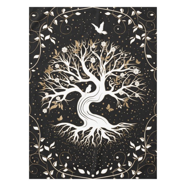 Toalha De Mesa Árvore da vida - Yggdrasil - branco preto e ouro (Frente)