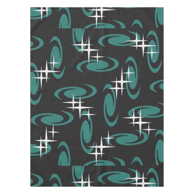 Toalha De Mesa Atomic Age Swirls Stars Pattern Black Teal (Frente)