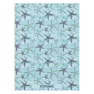 Toalha De Mesa Azul-claro e Starfish Dourado no padrão das ondas 