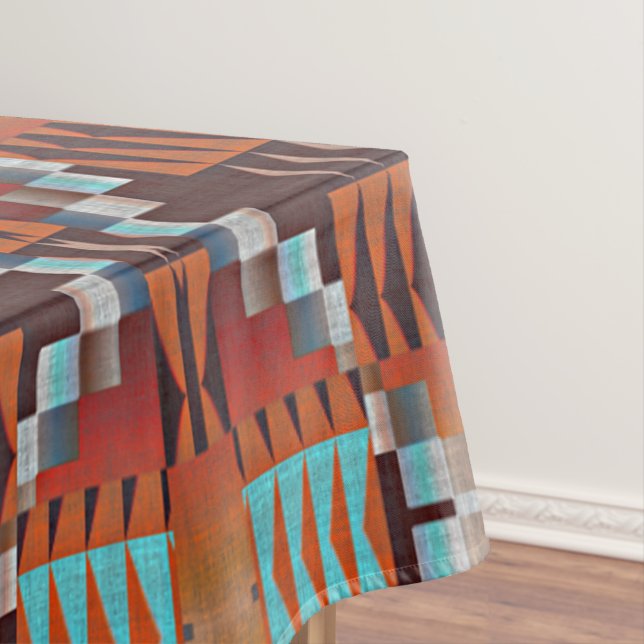 Toalha De Mesa Azul Turquesa Ferrugem Laranja Vermelho Marrom Art (Posição Original)