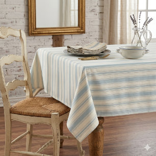 Toalha De Mesa Azul Vintage e Listras de Creme País Francês
