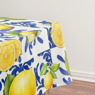Toalha De Mesa Azulejo Azul Branco com Padrão de Limão Mediterrân