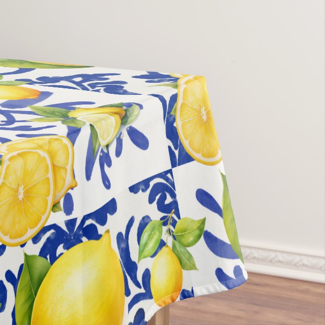 Toalha De Mesa Azulejo Azul Branco com Padrão de Limão Mediterrân (Posição Original)