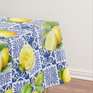 Toalha De Mesa Azulejo Azul Branco com Padrão de Limão Mediterrân