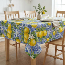 Toalha De Mesa Azulejo de Aquarela País Francês Azul Limão