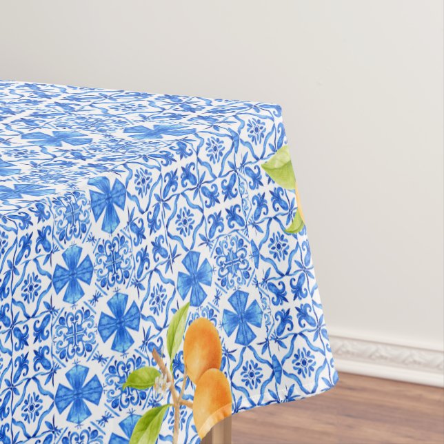 Toalha De Mesa Azulejos Azulejo Azulejo Azul e Branco com Laranja (Posição Original)
